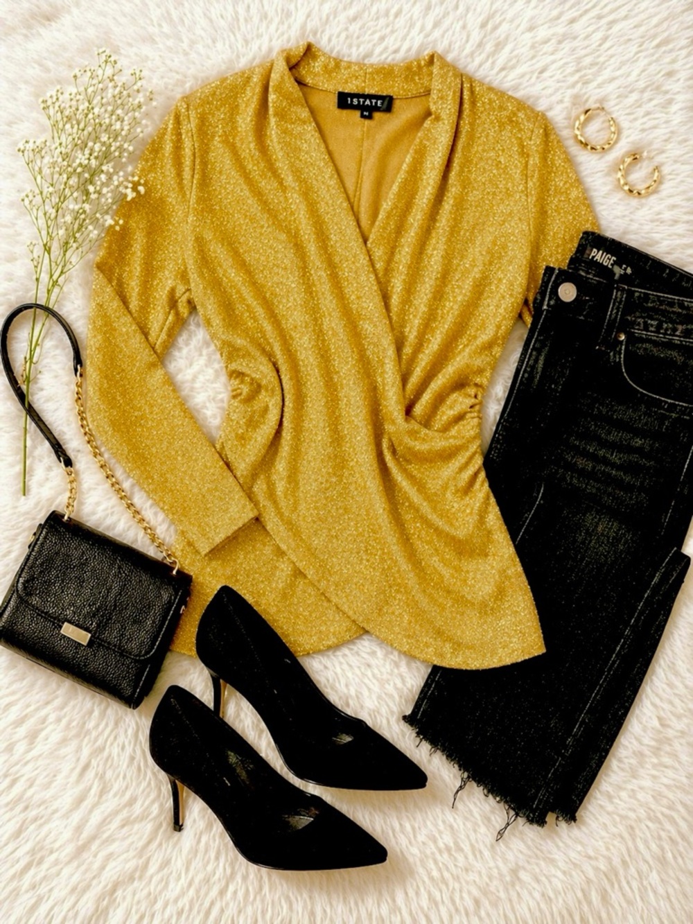 1.STATE Gold Shimmer Cross-Over Top | Elegant Draped Party Blouse